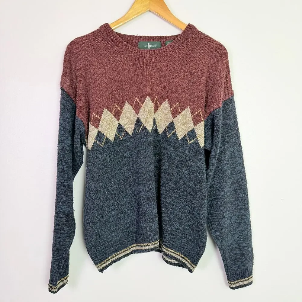 Vintage 90s Hunt Club Argyle Crewneck Sweater Men's Med Silk Cotton Grandpacore - Picture 3 of 11